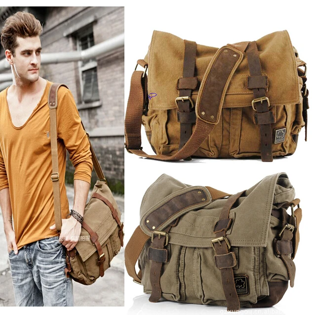 2017 Canvas Leather Crossbody Bag Men Military Army Vintage Messenger