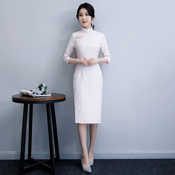 

Stylish Ladies Cheongsam 2019 Spring Chinese style Mandarin Collar Knee Length Dress Womens Qipao Slim Party Dresses Vestido