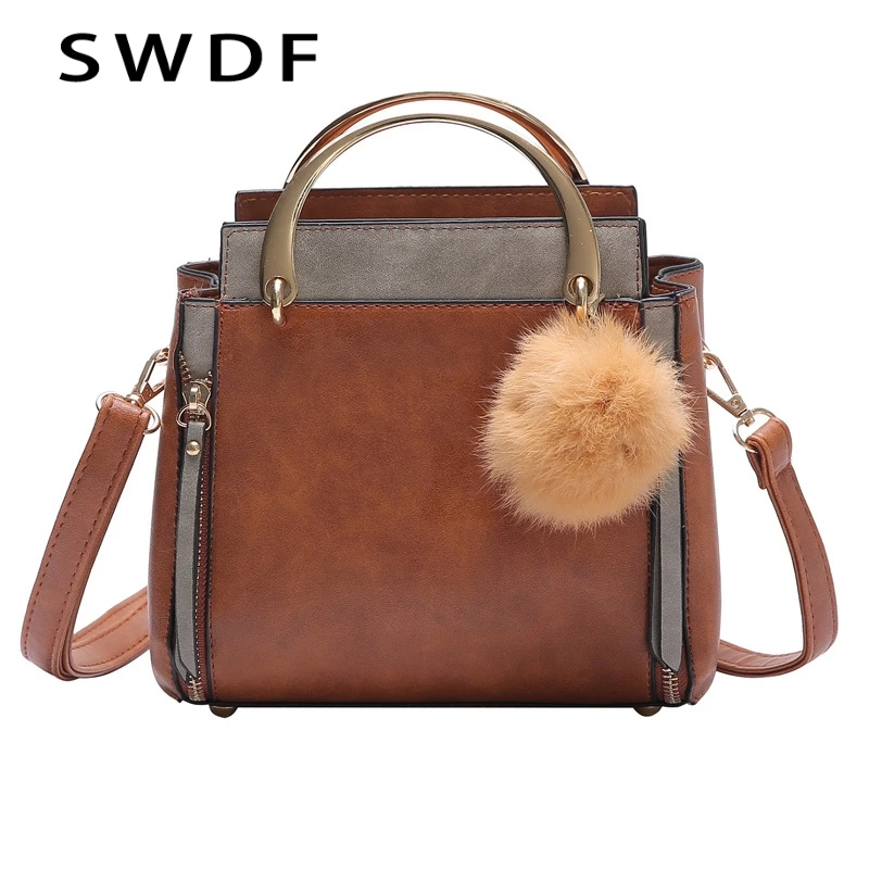 

SWDF Women Winter Quality Shoulder Bags Handbag Patchwork Fur Ball Candy Color Women Bag Female Ladies Messenger Cross Body Bags