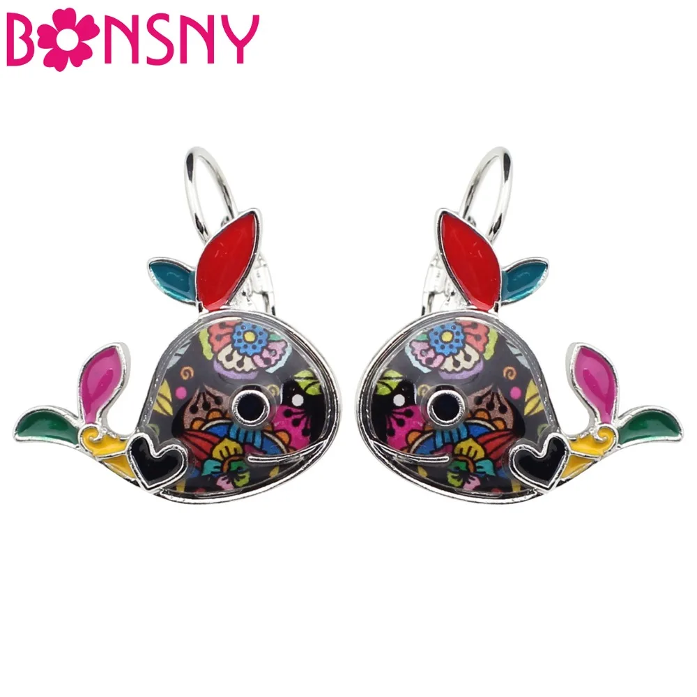 Bonsny Enamel Cute Whale Earrings French Clip Alloy Stud Fashion Ocean Animal Jewelry For Girl Women Ladies Novelty Accessories