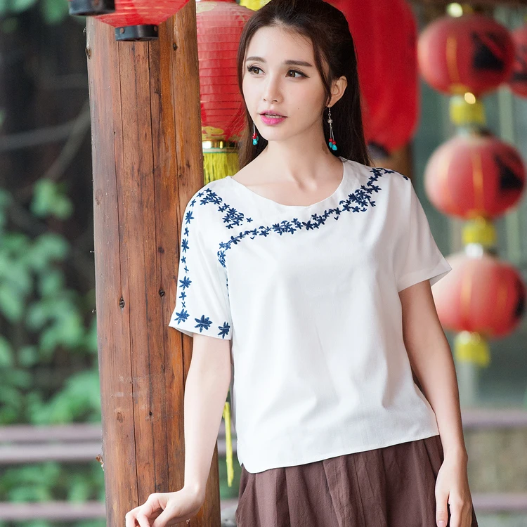 Linen Shirt 2017 Women Female Summer Mexican Style Ethnic Brand O Neck