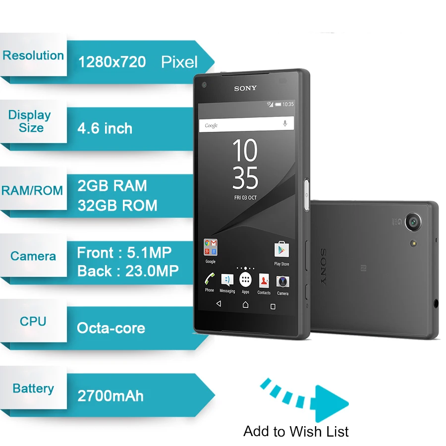 sony Xperia Z5 Compact E5823 разблокированный 2 Гб ОЗУ 32 Гб ПЗУ Android четырехъядерный и четырехъядерный 23мп GSM смартфон