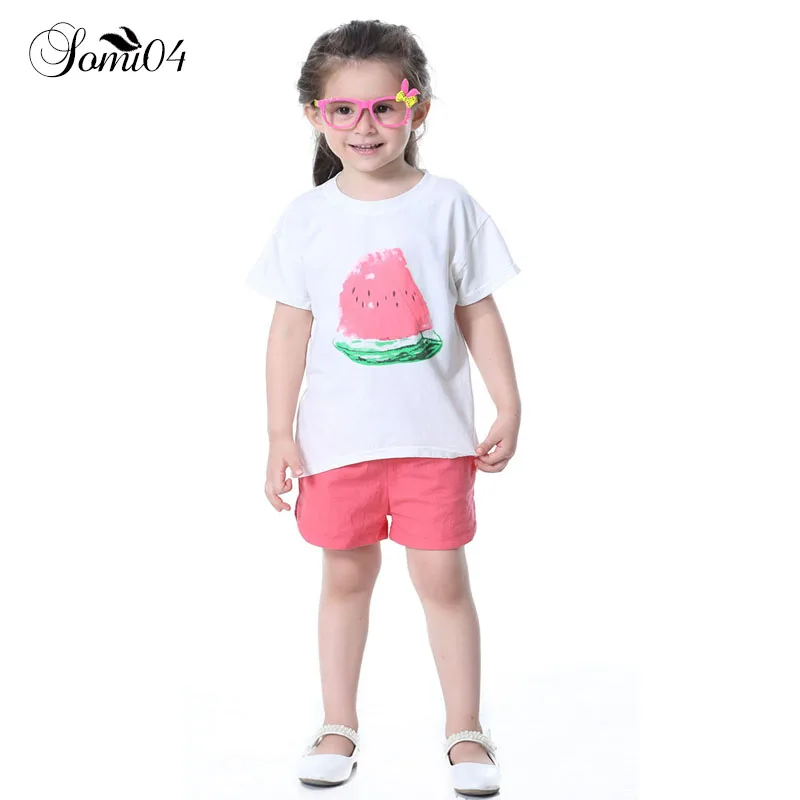 

Girls Clothing Sets 2018 New Summer Outfits Watermelon Pattern Print Kids Suits White T-shirt + Red Shorts Children Set Suit