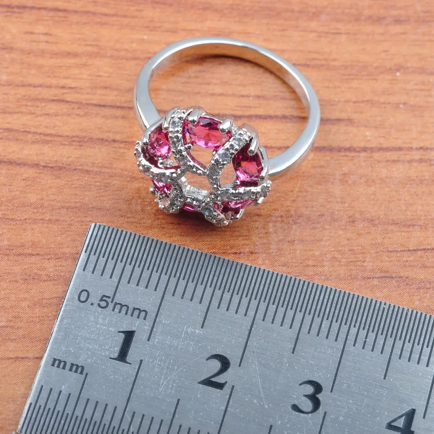Благородный розовый Красный Цирконий 925 стерлингового серебра ювелирные наборы свадебный набор серьги ожерелье кулон кольца браслет JS0441