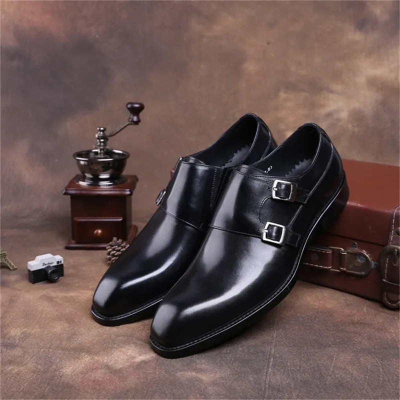Модные черные/коричневые туфли с двойным ремешком; Мужские модельные туфли в деловом стиле; свадебные туфли из натуральной кожи; официальная обувь для мальчиков - Цвет: Black