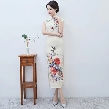 

2019 Fashion Long Cheongsam Chinese style Mandarin Collar Dress Womens Summer Rayon Qipao Slim Party Dresses Vestido S-3XL