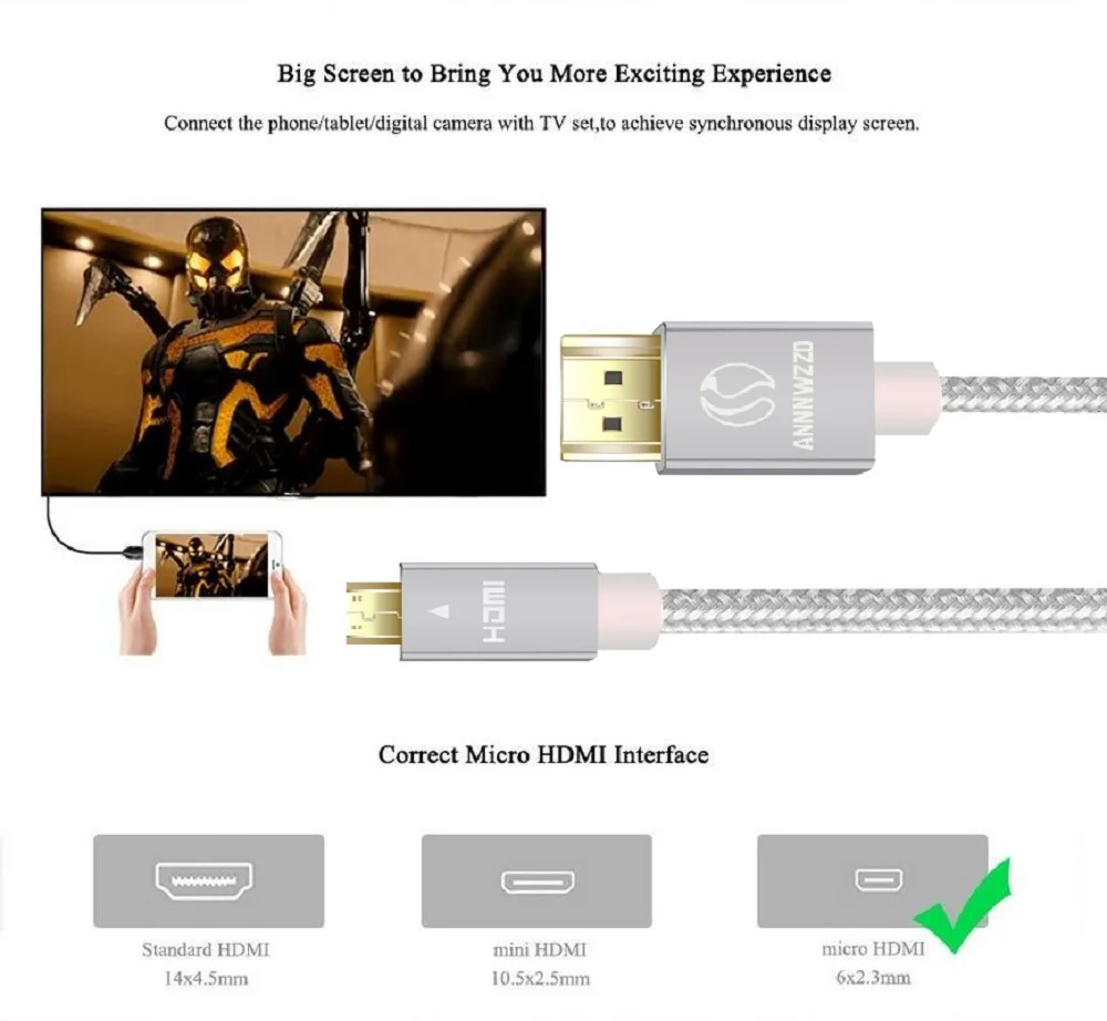 Micro HDMI кабель Micro HDMI к HDMI кабель 1,4 V 3D Male-Male 1m 2m High Premium Micro HDMI кабель адаптер для планшета HDTV камеры