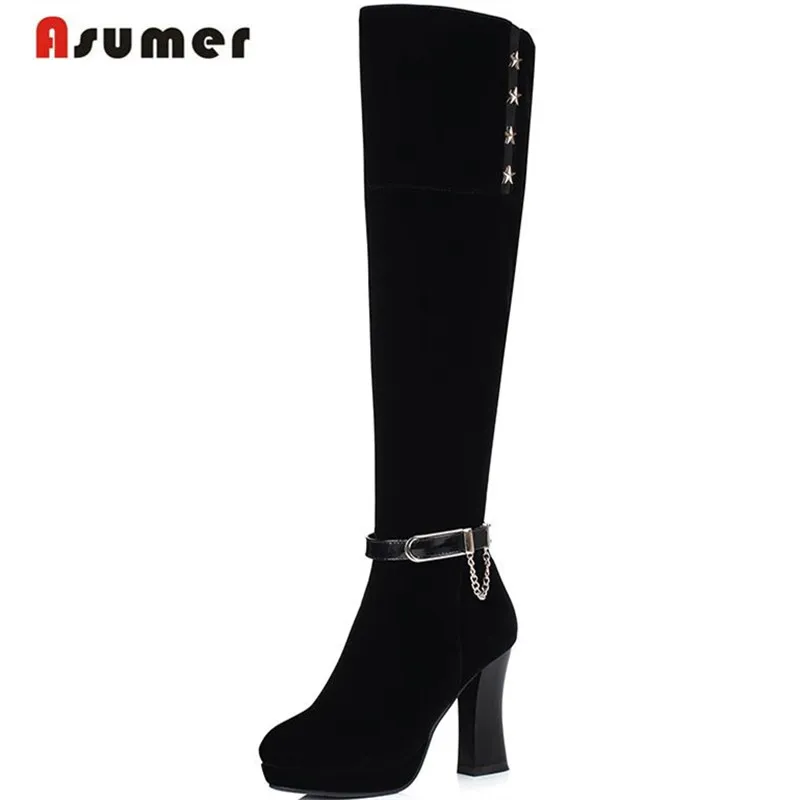 

ASUMER Party shoes office lady high heels boots flock charm zip knee high long boots autumn winter platform women boots