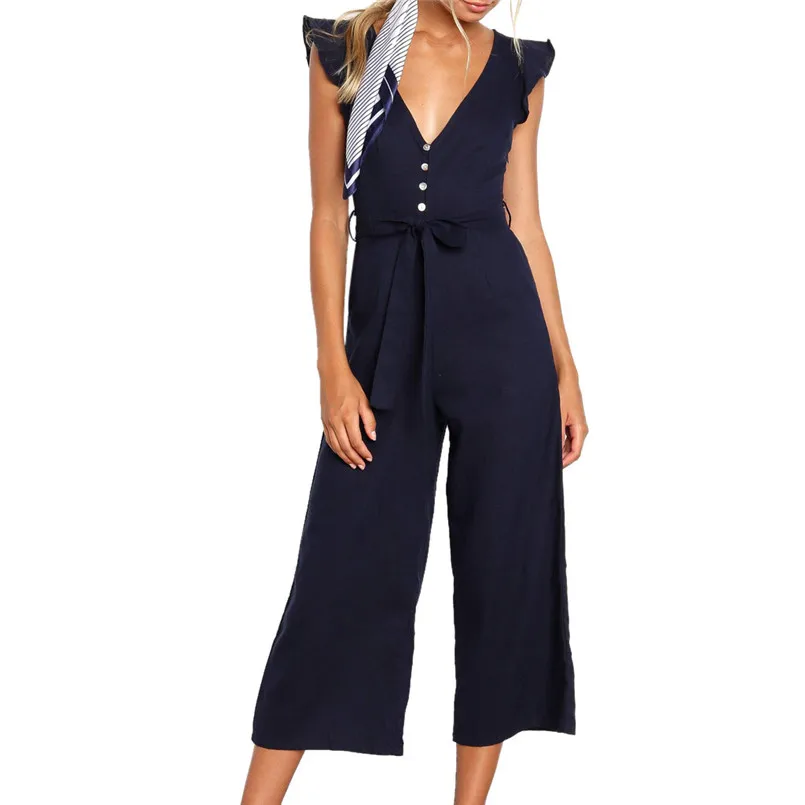 

2019 Newest Spring Summer Fashion Womens Sexy V-Neck Ruffle Solid Sleeveless Bandage Loose Jumpsuit #2019.4.8