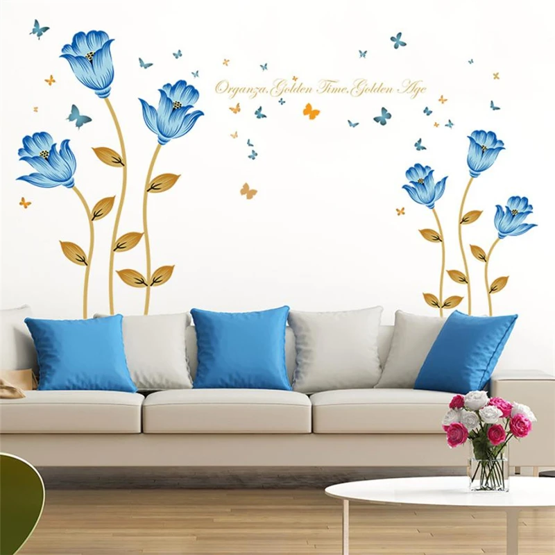 2018  New Fashion Creative Blue Flowers  Wall Stickers Romance Decoration Wall Home Decor DIY Room design Removable Decor C0212 05