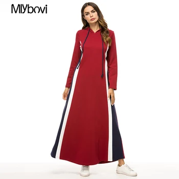 

Women Red Dress Turn Down Neck Long Sleeve Patchwork Dress Female Loose Ladies Dresses Casual Maxi Islamic Robe Clothing 2018