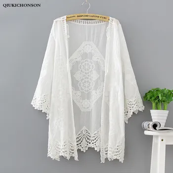 

Qiukichonson Women Summer Cardigan White 2018 Bohemian Sweet Ladies Lace Cardigans Long V-Neck Hollow Out Crochet Embroidery Top