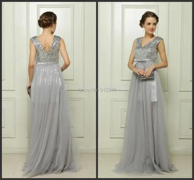 2015 V Neck Silver Gray Sequin Bridesmaid Dresses Plus Size Formal Gown