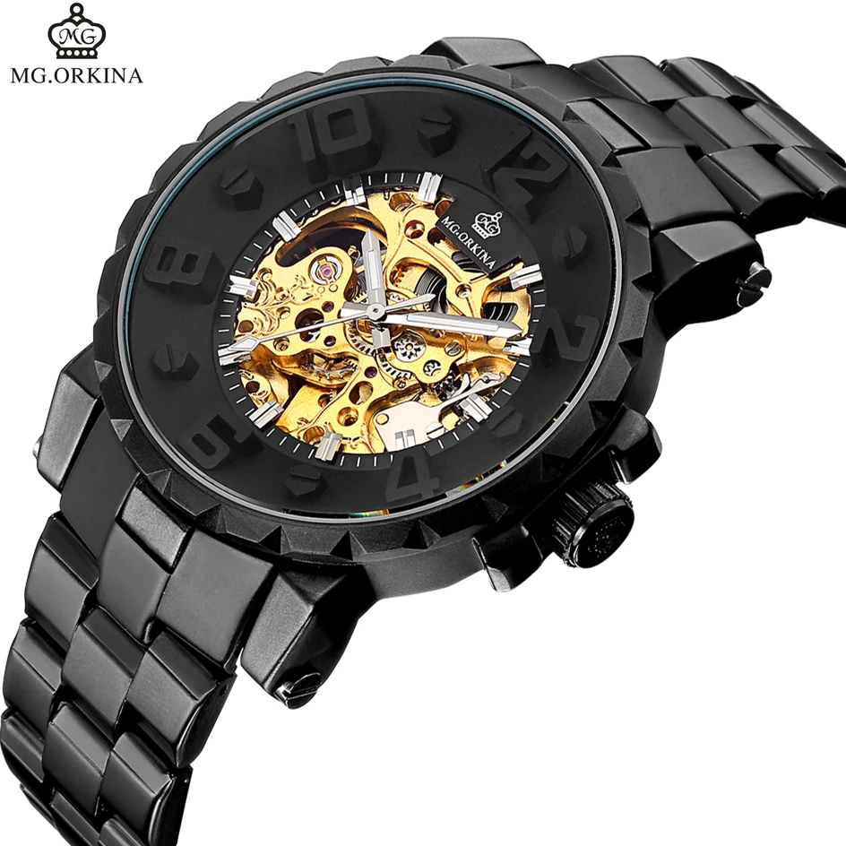 

Automatic Mechanical Watch Men Hot Skeleton Watches Black Bracelet Wristwatch Luxury Brand ORKINA Men's Watch Auto Self-winding