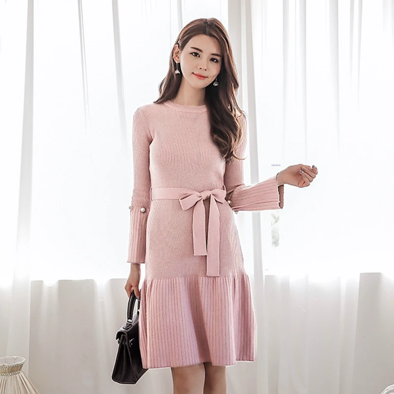 Осенне-зимнее розовое трикотажное платье для женщин с длинным рукавом, облегающее платье миди, женское однотонное облегающее Повседневное платье-свитер для женщин