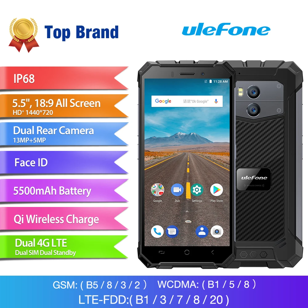 

Ulefone Armor X Waterproof IP68 Smartphone 5.5" HD Android 8.1 2GB+16GB Quad Core NFC Face ID 5500mAh Wireless Charge Phone