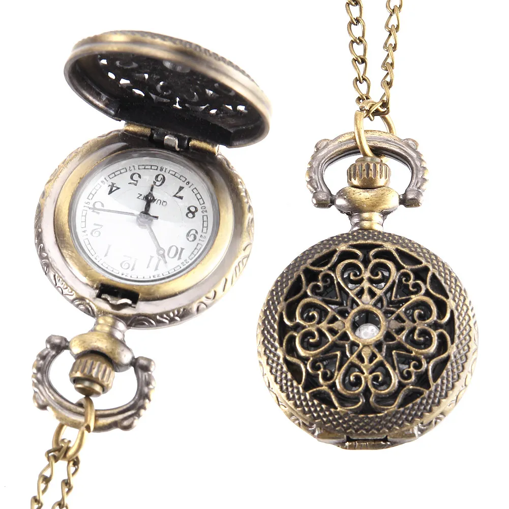 Vintage Pocket Watch Bronze Color Quartz Watch Cool Chain Hollow Love Heart Watches LXHin