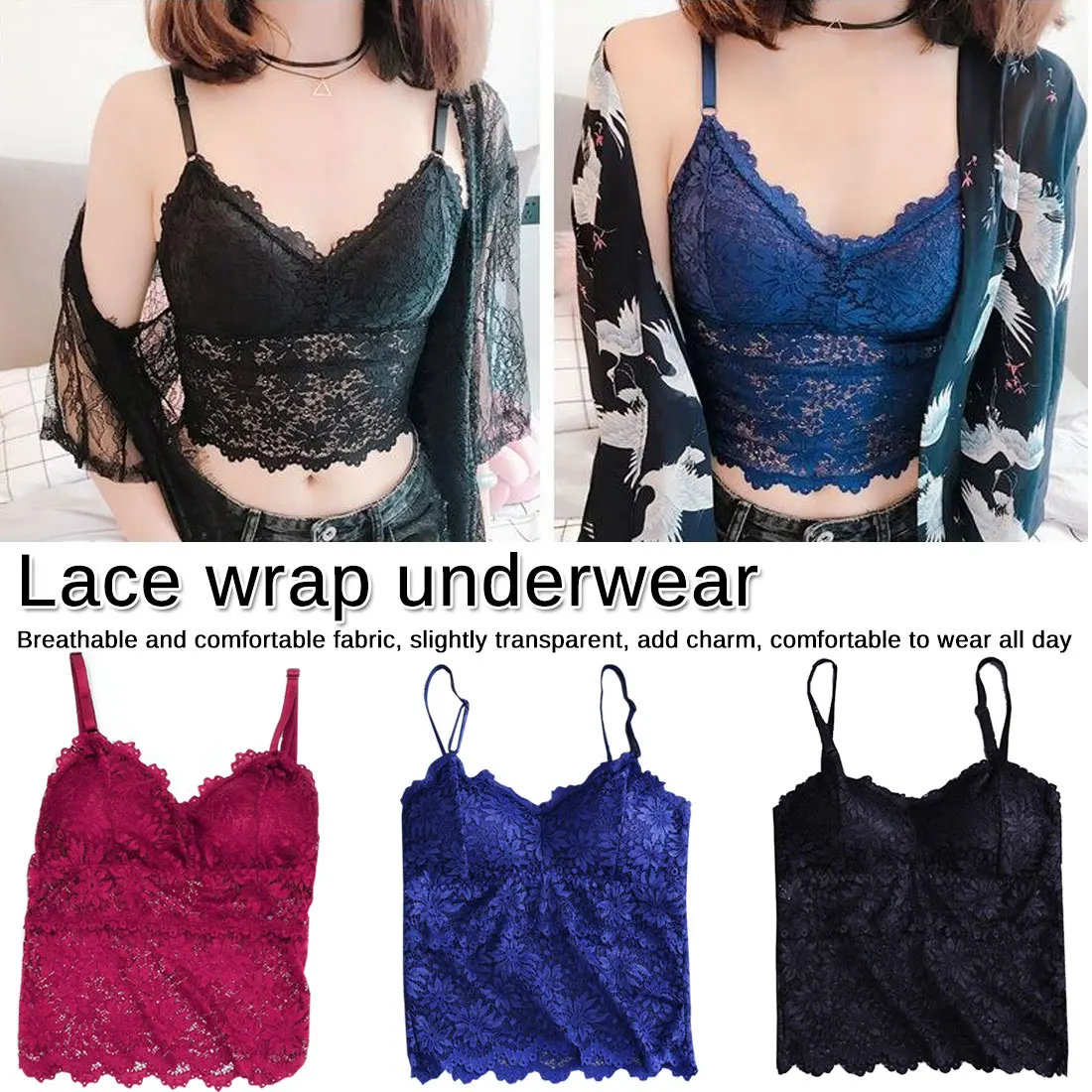 

Women Lace Tube Top Flower Camisoles Sexy Crop Top Female Tanks Top Soft Removable Padded V-Neck Transparent Lace Bra