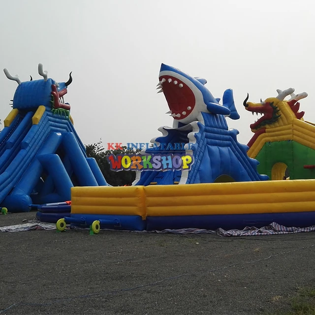 Outdoor Mobile Anime Featured Funtastic Funcity Dragon&Shark Inflatable water Park For Summer Holidays 2