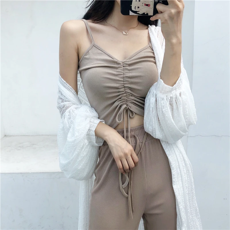 Летний сексуальный стиль Женская одежда Мода без рукавов кроп Топы женские camis v-образным вырезом шнурок веревка короткий вязаный жилет