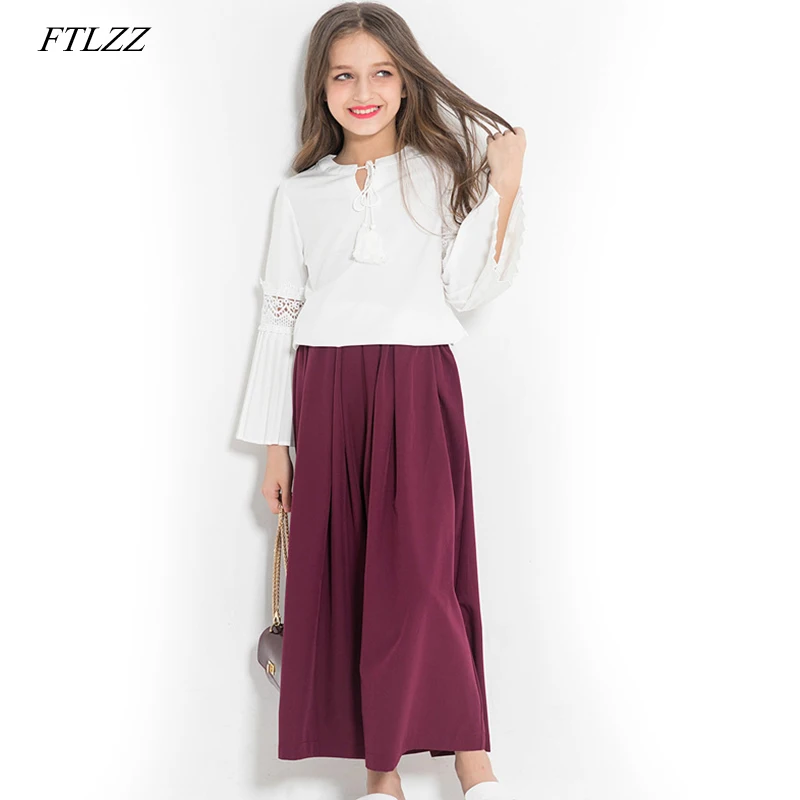

FTLZZ 2019 Teenage Girls Clothing Set Two Pcs Suitt Long Flare Sleeve Shirt Top And Pant Spring Summer For Teen Girls Cotton Set