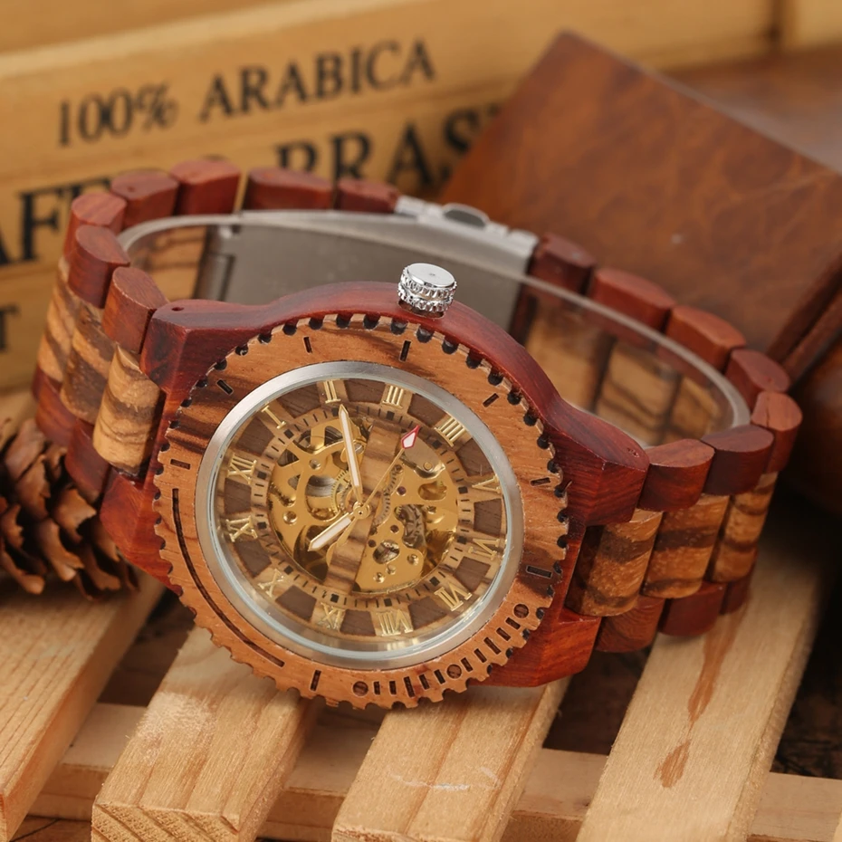 Retro Wood Watch Royal Gold Roman Literal Mechanical Watches Men's Top Luxury Wooden Bangle Watch montre homme automatique reloj