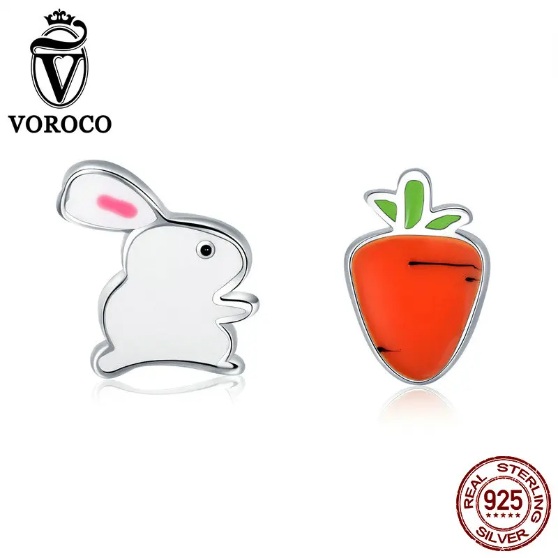 VOROCO Cute Rabbit Carrot Stud Earrings Woman Girl Real 925 Sterling Silver Enamel Earring Trendy Brincos Fine Jewelry VSE154