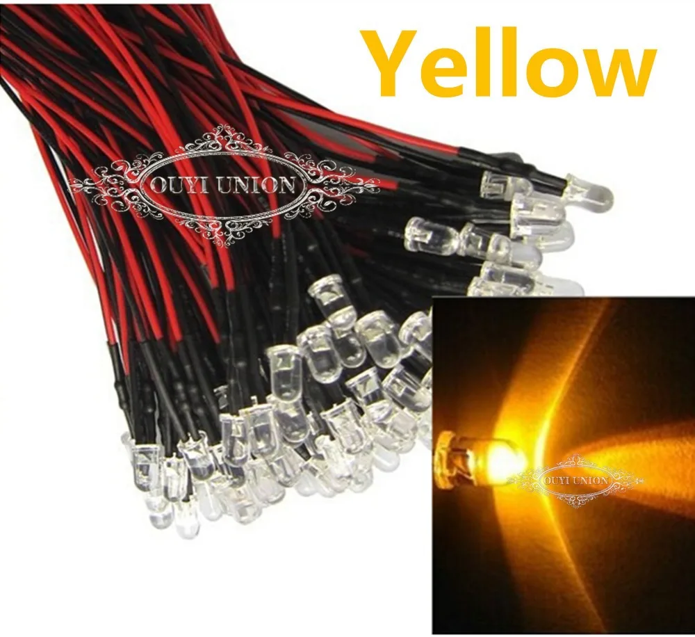 Wholesale Yellow Pre Wired 3mm Bright LEDs 20cm Prewired 12V Lamp Light 25 Degree 50PCS | Электронные компоненты и