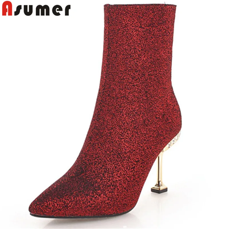 

ASUMER big size 33-43 fashion ankle boots for women pointed toe zip bling high heels ladies shoes elegant autumn winter boots