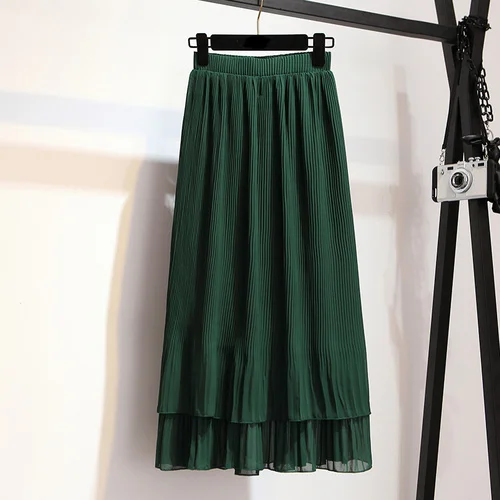 TingYiLi, Корейская Милая юбка с рюшами, черная, зеленая, серая, эластичная, высокая талия, двухслойная шифоновая юбка, длинная, макси юбка, весна-лето - Цвет: Зеленый