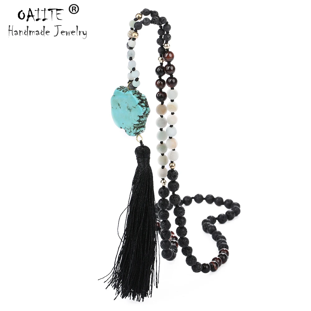 

OAIITE Fashion Natural Amazonite & Lava Stones Bohemian Handmade Knots Pendant Necklace Ethnic Long Tassel Necklace