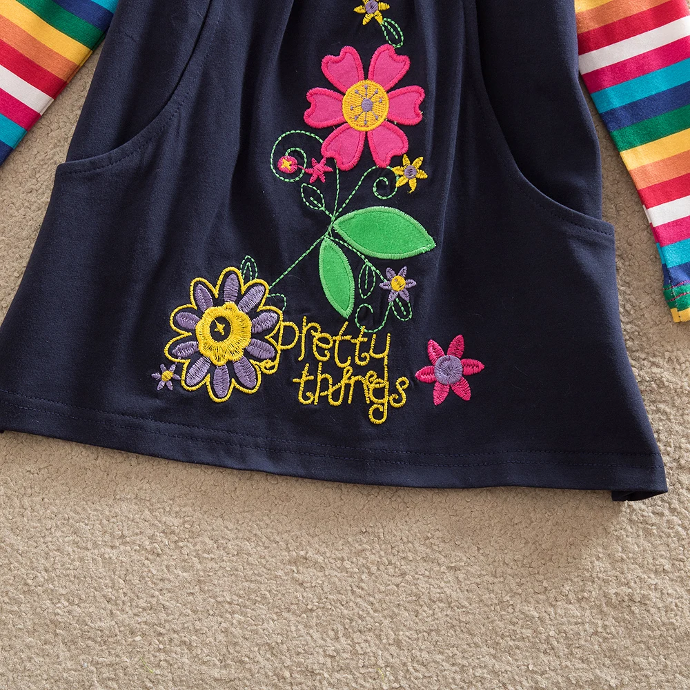 Vikita маленьких Детское платье для девочек одежда с длинным рукавом цветок аппликация полосатая футболка верхняя одежда детская одежда для