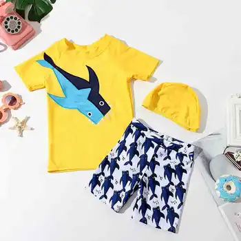 

2019 New Arrival Summer Children Boys Embroidery Shark Sunscreen Swimsuit Two Piece Kids Springs Beach Split Swimwear S96305X