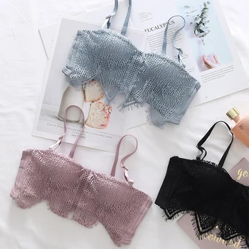 

fresh pure color lace young girls seamless push up bra and panty set with shoulder lace sexy fashion underwear women lingerie