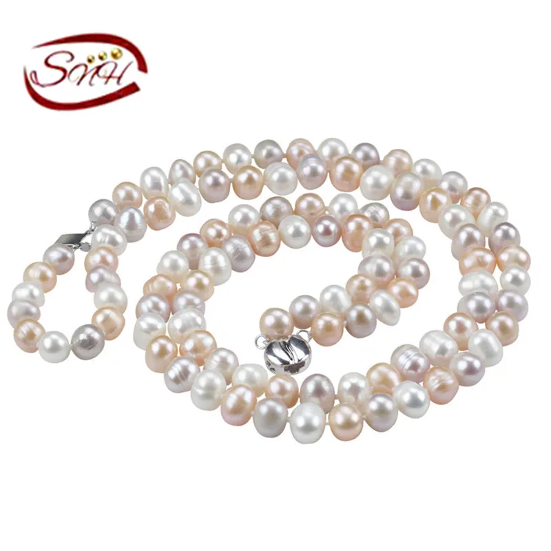 

SNH 8mm off round AA 925silver mixed color fine natural freshwater pearl necklace two rows real pearl necklace