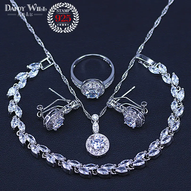 silver color Jewelry Sets for Women Round White Cubic Zirconia Ring