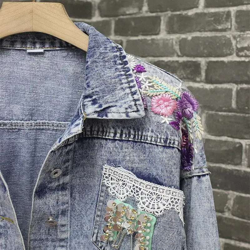 2019 Новая женская Повседневная джинсовая куртка с длинным рукавом Florla Mbroidery