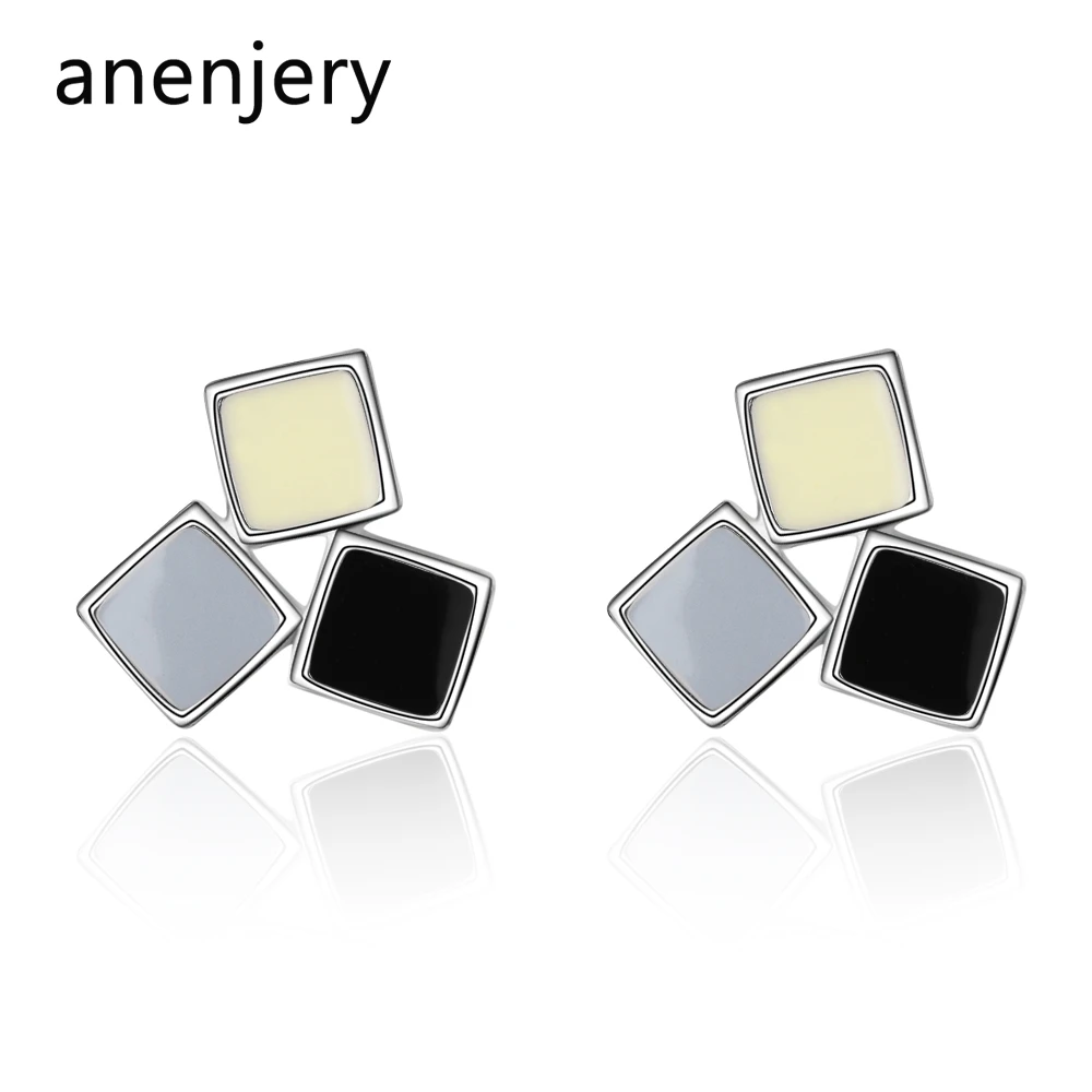 

anenjery Simple Versatile 925 Sterling Silver Mixed Color Epoxy Square Earrings For Women boucle d'oreille oorbellen S-E799