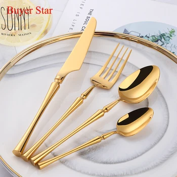 

Golden Standing Dinnerware Set 304 Stainless Steel Cutlery Set Slim Waists Knife Fork Set Tableware Cutleries Western Food Set