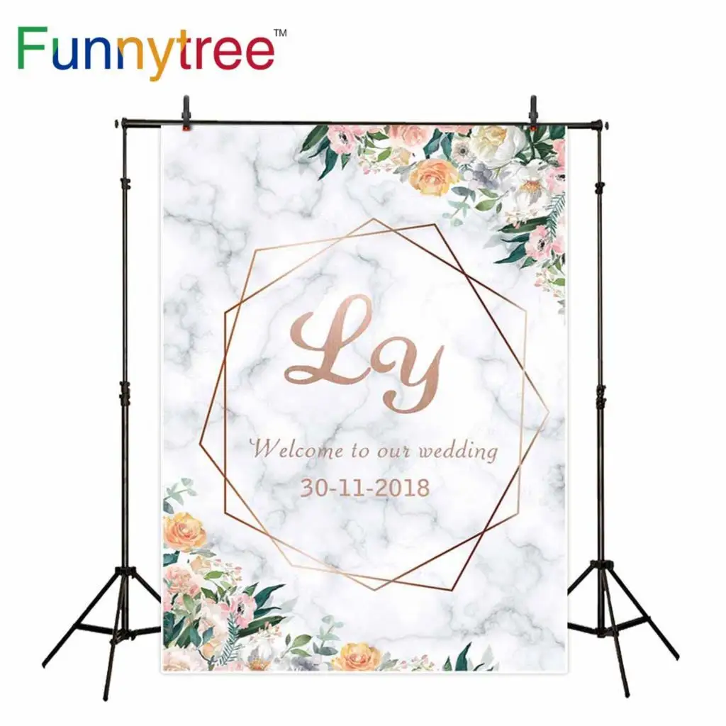 Фотофон Funnytree с белой мраморной текстурой розовой золотой рамкой и цветами