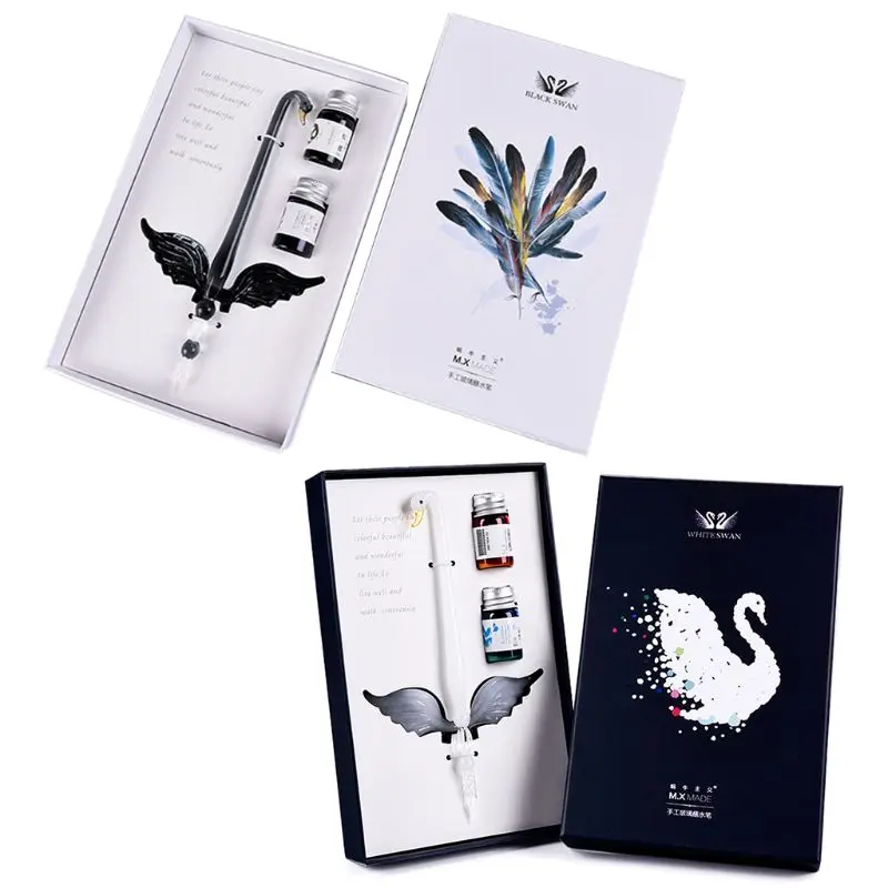

English Calligraphy Swan Vintage Handmade Glass Dip Pen With 2 Inks Gift Box For Writing Stationery Fountain Pens