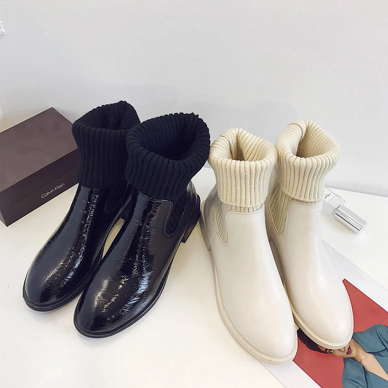 Zapatos Botas Beige 2018 Negro Casuales Para Otoño Mujeres Moda Beige Botines Deslizamiento Tacón De En Bajo Las Invierno Talón negro FPgUdqw