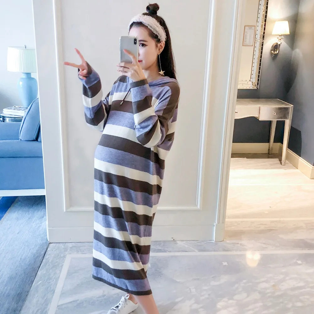 Maternity wear 2018 new striped hooded loose large size sweater Korean dress pregnant women wear skirt Maternity wear 2018 new striped hooded loose large size sweater Korean dress pregnant women wear skirt