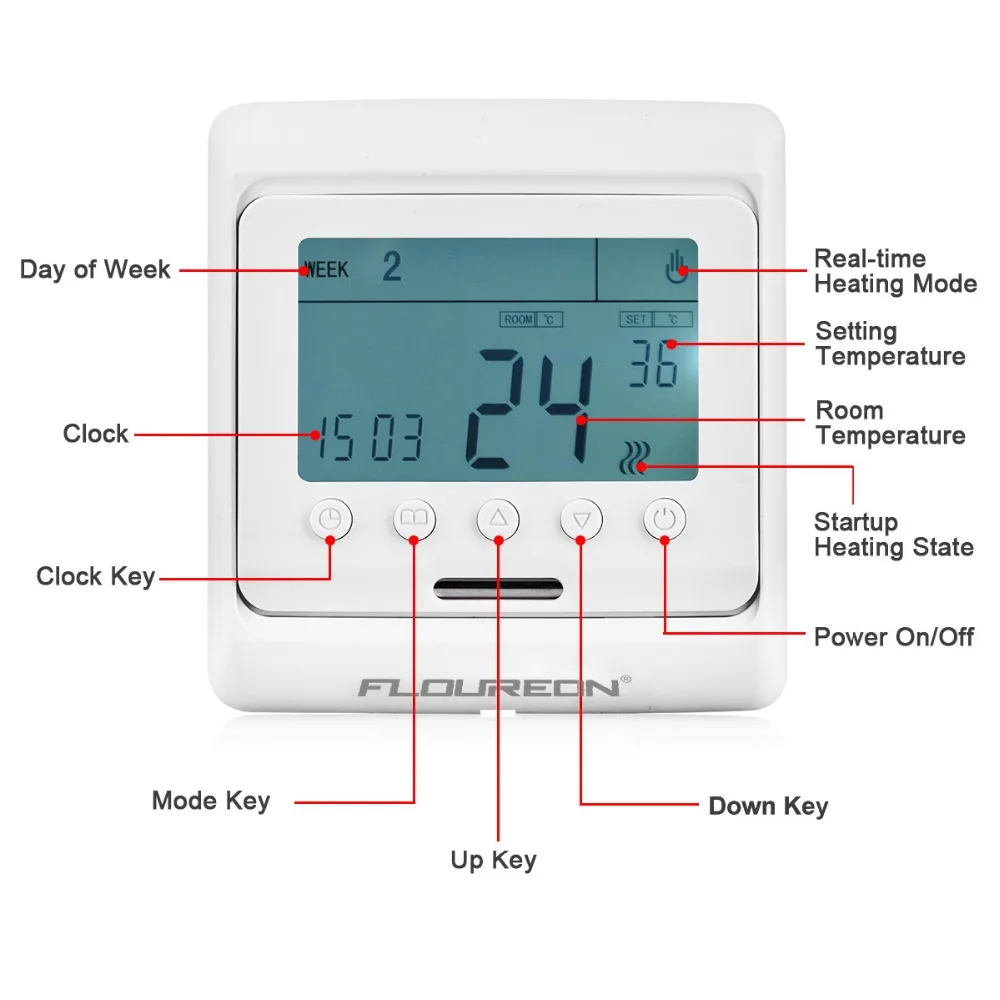 FLOUREON Еженедельный программируемый нагревательный Термостат ЖК-контроллер комнатной температуры антизамерзающий термостат с белой подсветкой