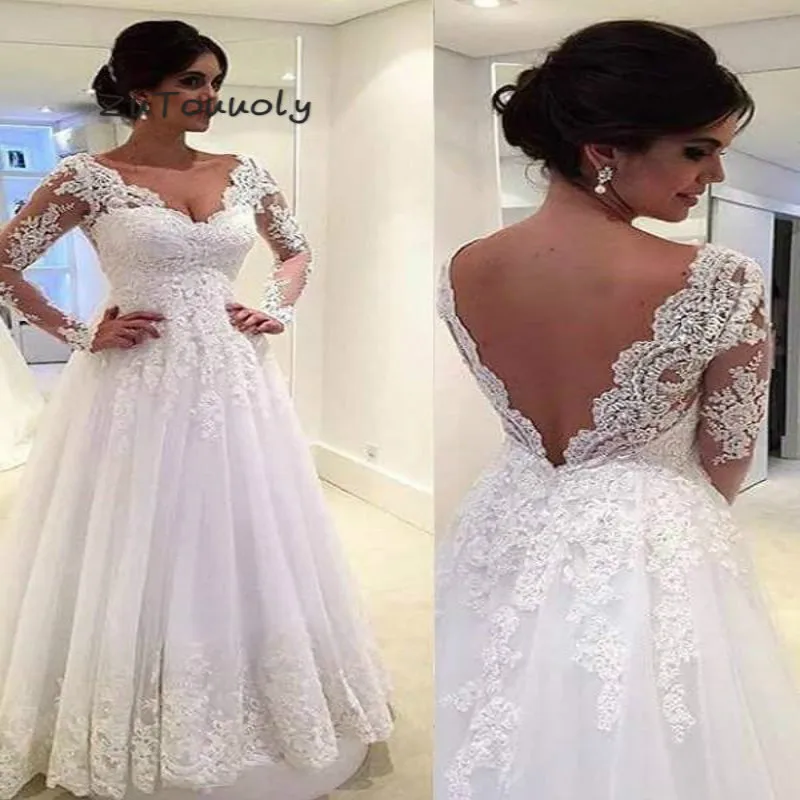 Vintage Backless Boho Wedding Dress A Line V Neck Lace Long