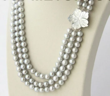 

ddh001549 3row 8-9mm round Gray FW pearl necklace seashell clasp