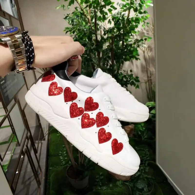 

Glitter Heart Women Sneakers Lace-up Tennis Shoes Street Style Cartoon Woman Casual Shoes Genuine Leather Platform Sneakers