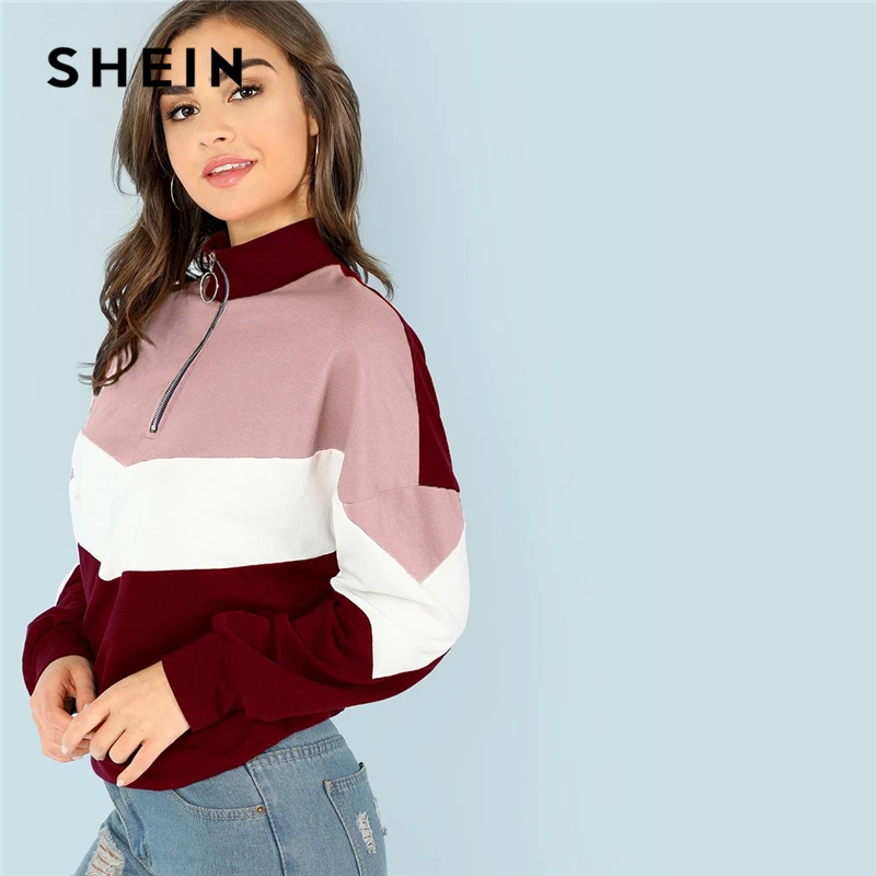 

SHEIN Multicolor Casual Colorblock O-Ring Zip Front Cut And Sew Stand Collar Sweatshirt 2018 Autumn Campus Women Sweatshirts