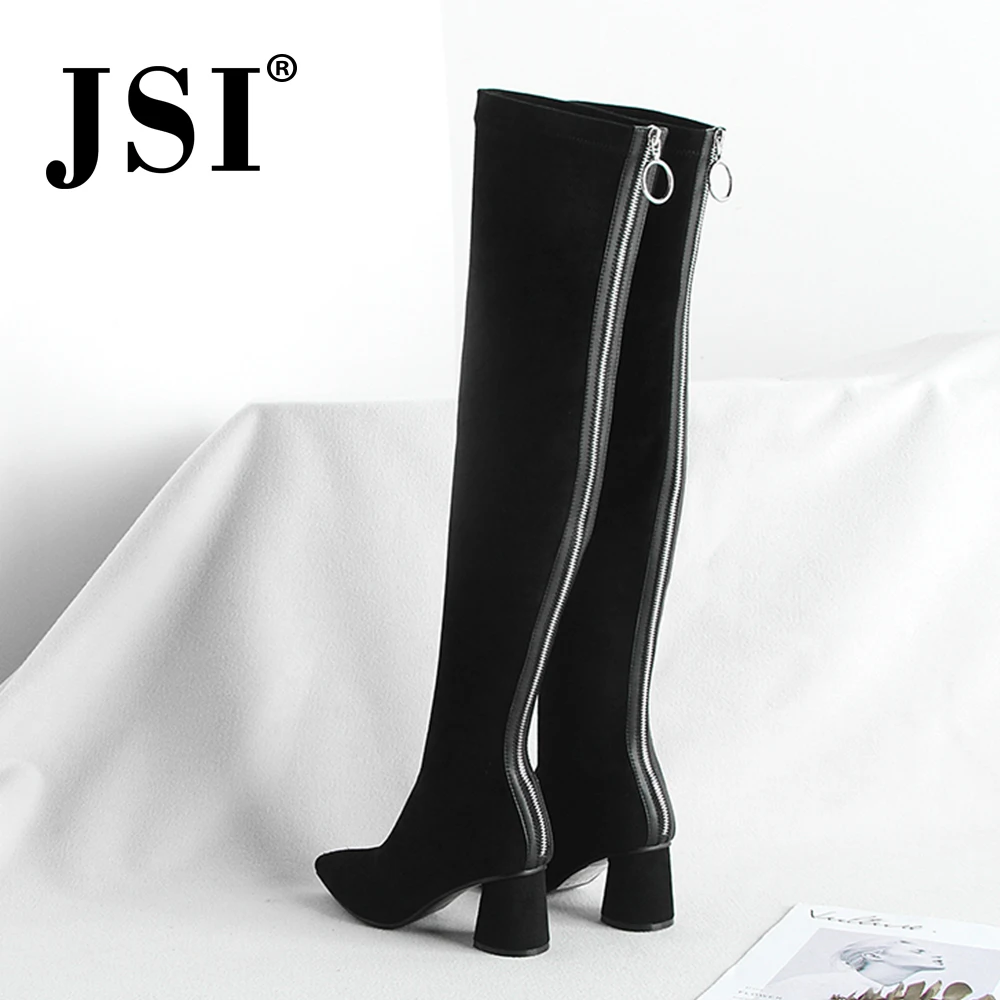 JSI Women Sexy Over The Knee High Boots Pointed Toe High Heel Flock Shoes New Fashion Square Heel Slip-On Women Boots JO272