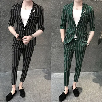 

2019 new men's seven-point sleeve suit suit Korean Slim sleeves striped small suit hair stylist fashion two-piece suit